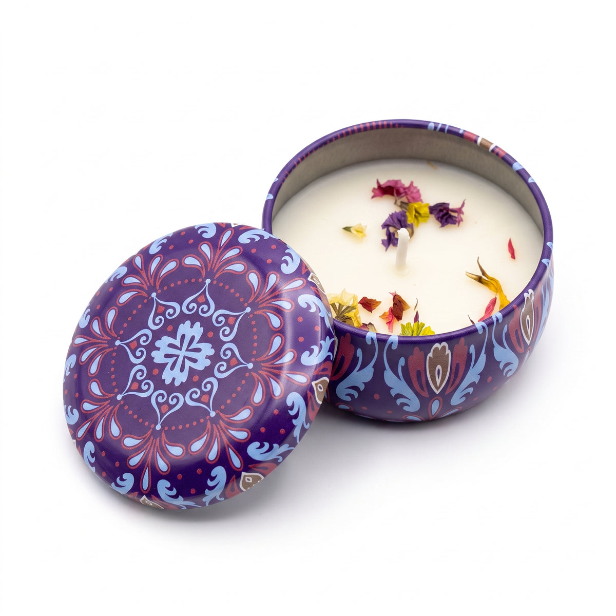 Decorative Patterned Tin Candle with Dried Botanicals