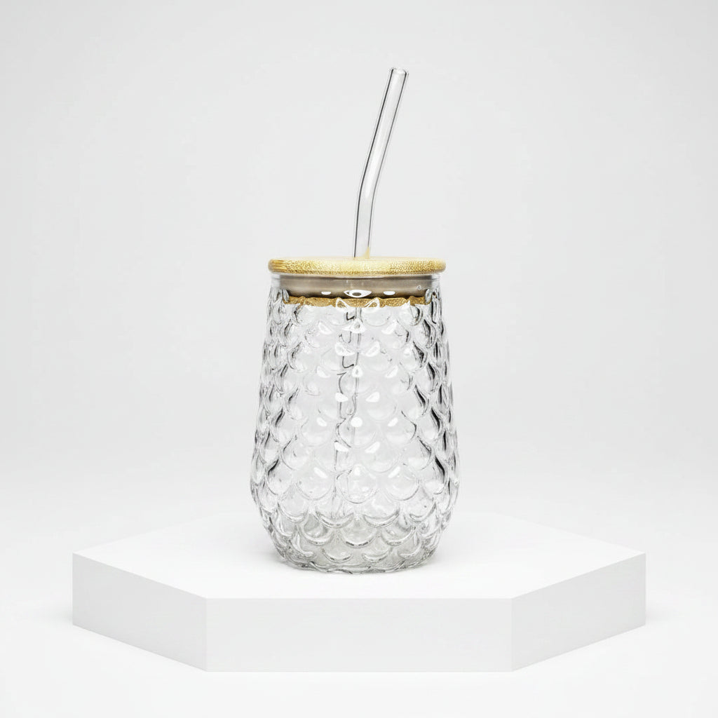 Textured Glass Tumbler with Bamboo Lid & Glass Straw – Pineapple Design