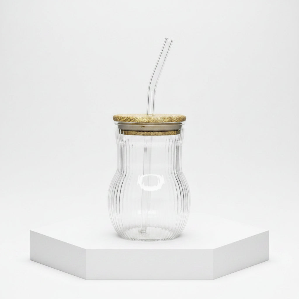 Contoured Ribbed Glass Tumbler with Bamboo Lid & Glass Straw