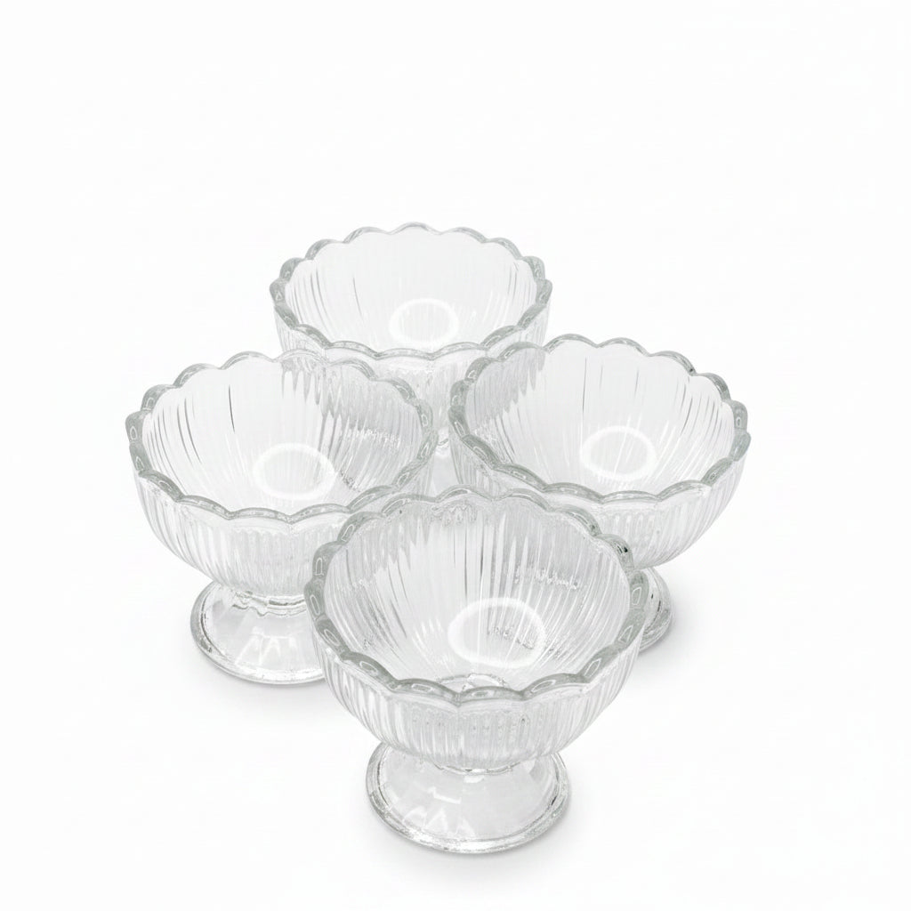 Elegant Ribbed Glass Dessert Bowls – Scalloped Edge Pedestal Set (4-Piece)