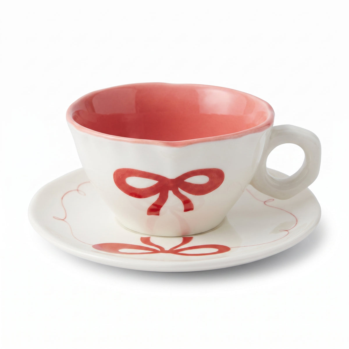Scalloped Teacup and Saucer Set with Colored Glazed Interior