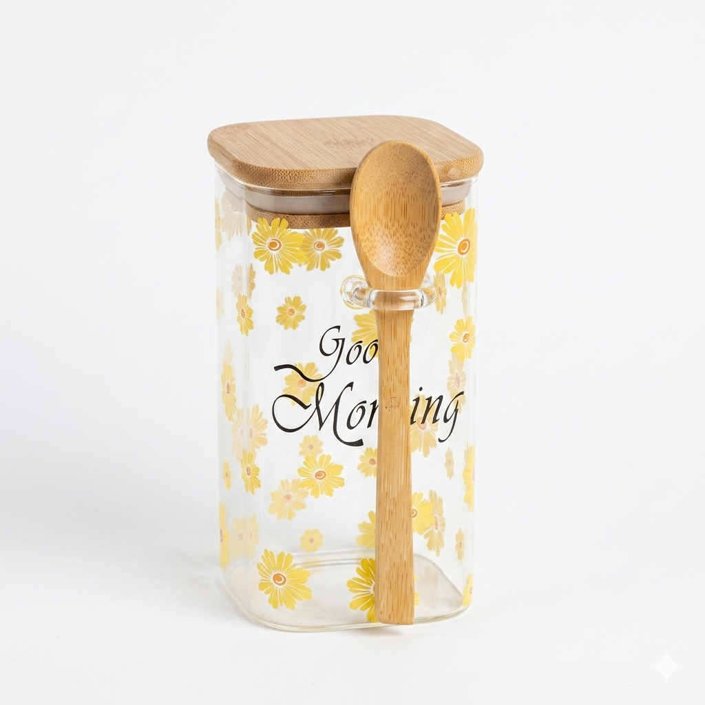 Floral Glass Storage Jar with Bamboo Lid & Spoon