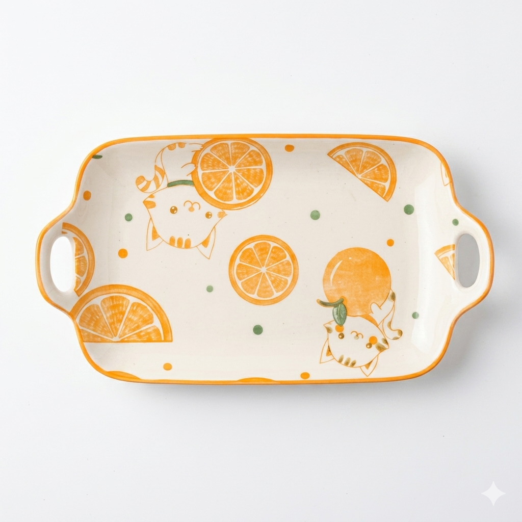 Cute Orange Cat Ceramic Serving Tray with Handles