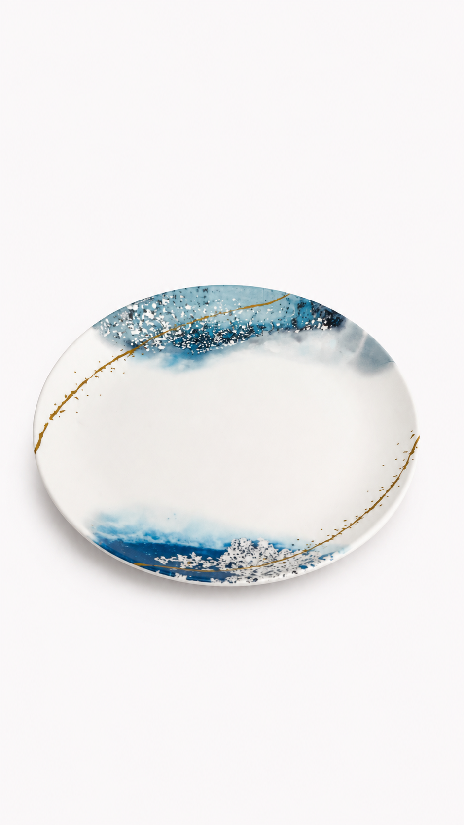 Artisanal Ceramic Plate – Abstract Blue Wash & Gold Accents