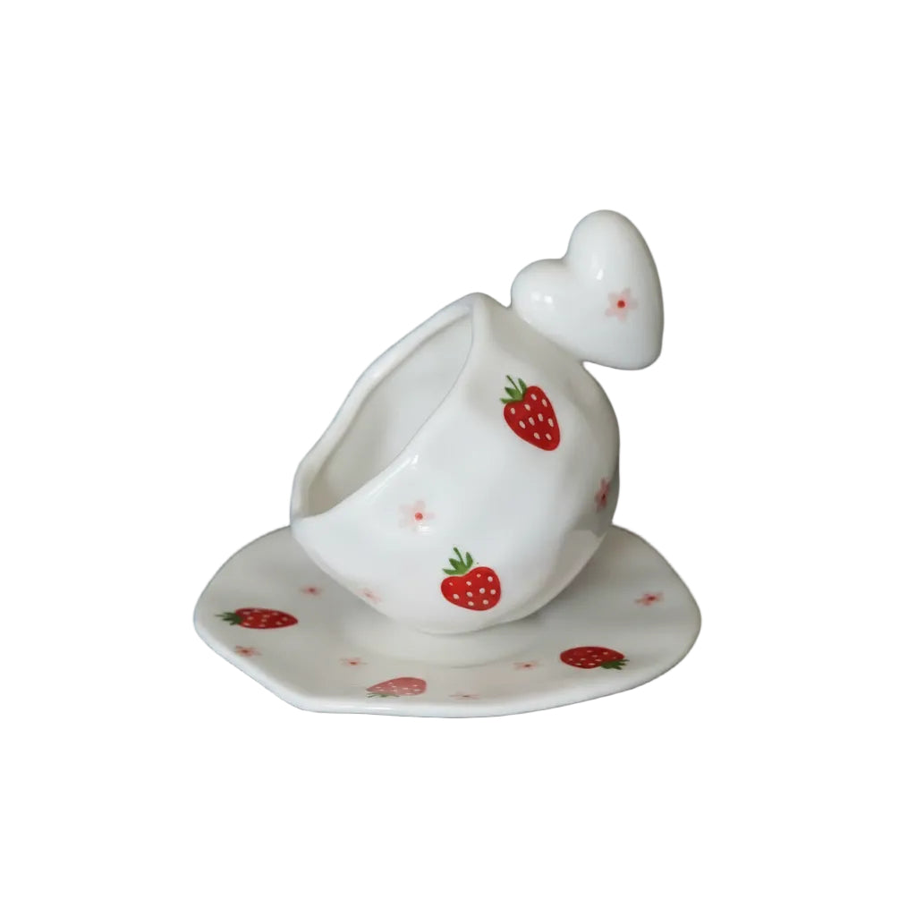 Strawberry Heart Ceramic Mug & Saucer – Miniature Decorative Tabletop Piece