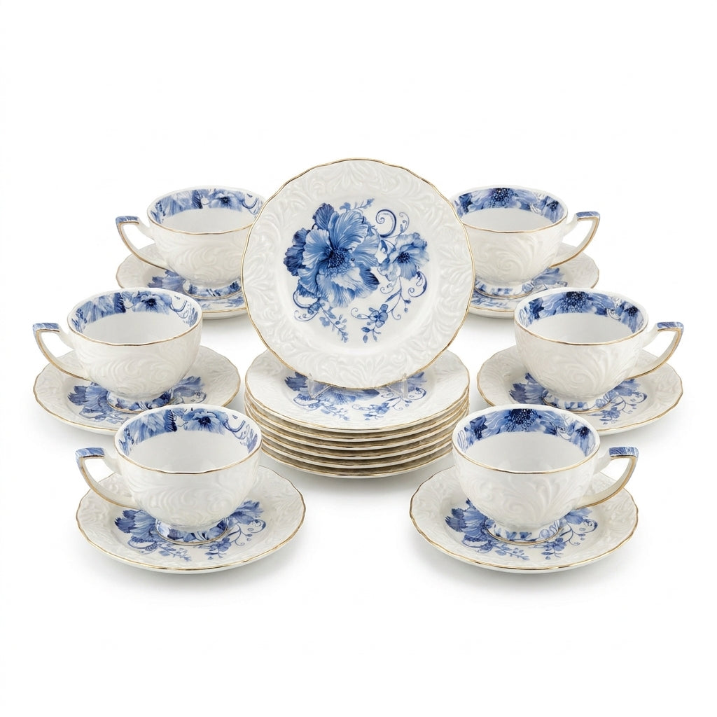Blue Floral Ceramic Tea Cup and Saucer Set with Gold Rim
