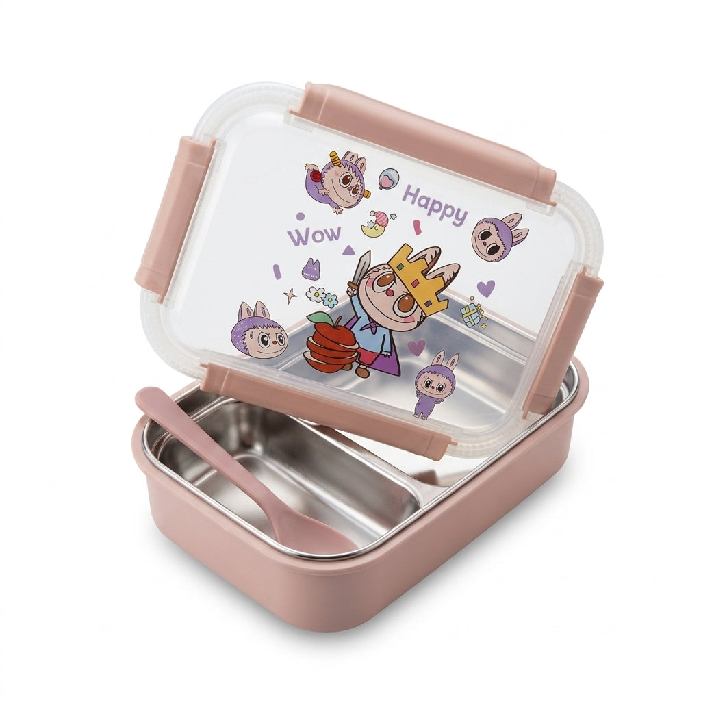 Divided Bento Lunch Box with Cartoon Lid and Spoon