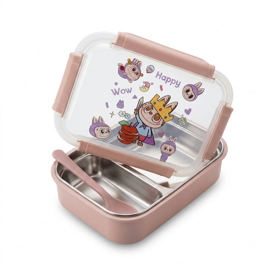 Divided Bento Lunch Box with Cartoon Lid and Spoon