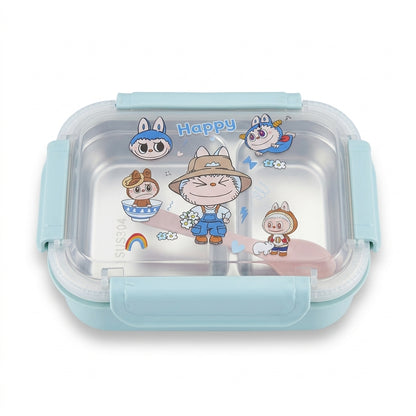 Divided Bento Lunch Box with Cartoon Lid and Spoon