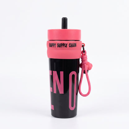 "HAPPY SUPPLY CHAIN" Slogan Insulated Tumbler with Straw and Charm