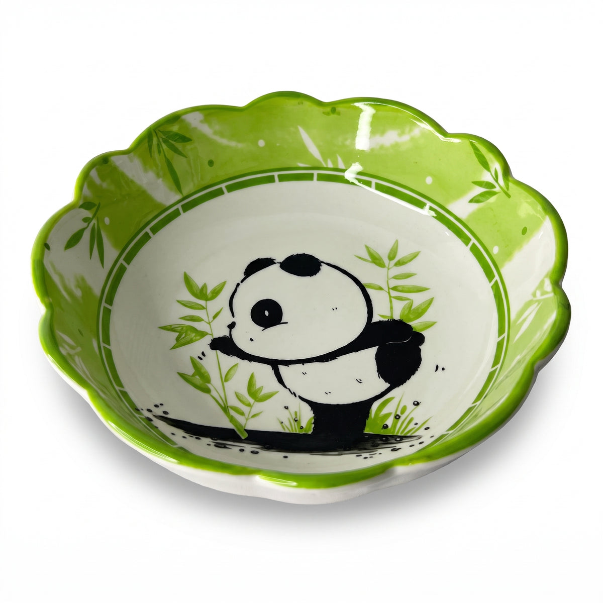 Scalloped Round Bowl with Panda and Bamboo Motif