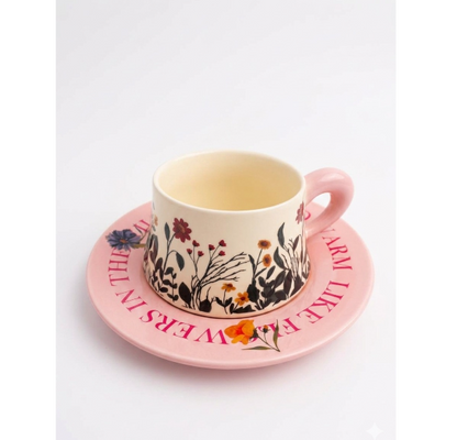Floral Ceramic Coffee Cup & Saucer Set
