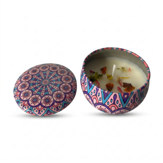 Decorative Patterned Tin Candle with Dried Botanicals