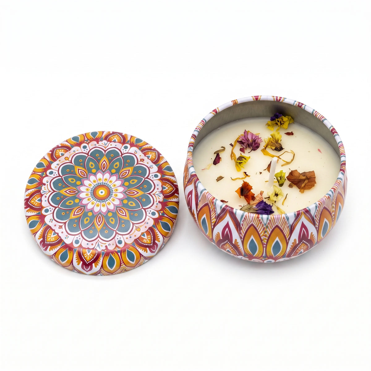 Decorative Patterned Tin Candle with Dried Botanicals