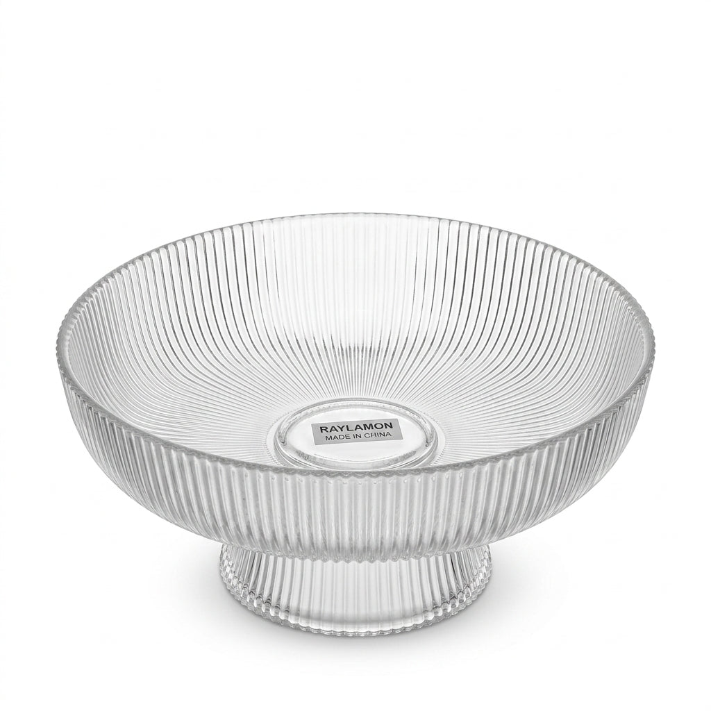 Ribbed Glass Footed Bowl with Fluted Texture Design