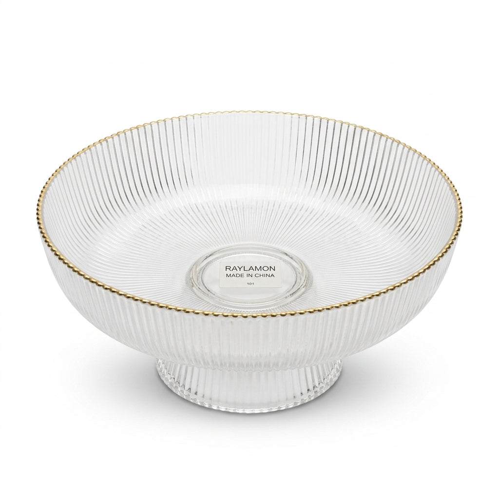 Ribbed Glass Footed Bowl with Gold Beaded Rim Trim