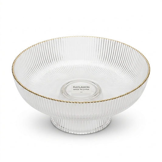 Ribbed Glass Footed Bowl with Gold Beaded Rim Trim