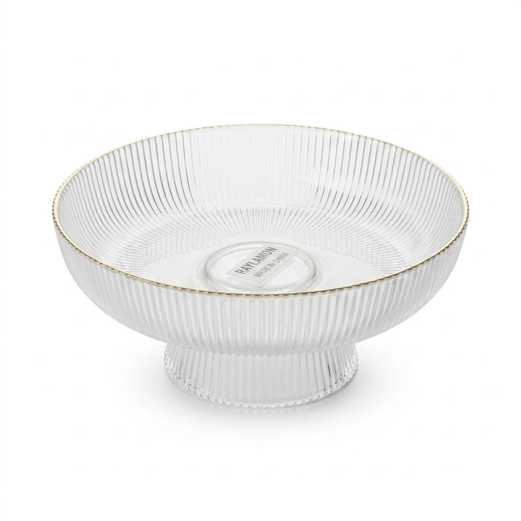 Ribbed Glass Footed Bowl with Gold-Rim Accent
