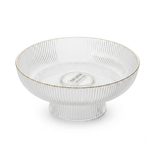 Ribbed Glass Footed Bowl with Gold-Rim Accent