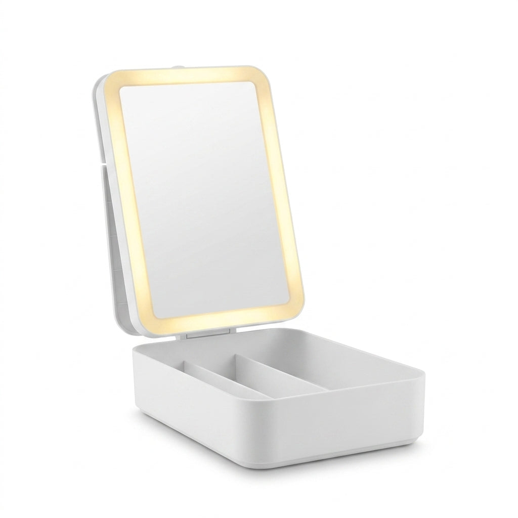 Rectangular Framed Illuminated Mirror with Storage Base
