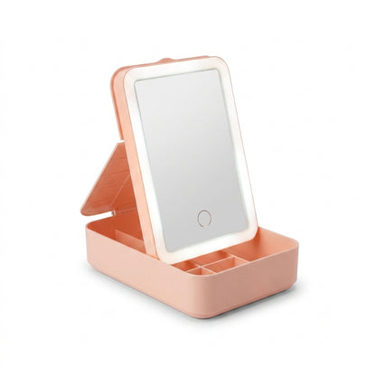 Rectangular Framed Illuminated Mirror with Storage Base