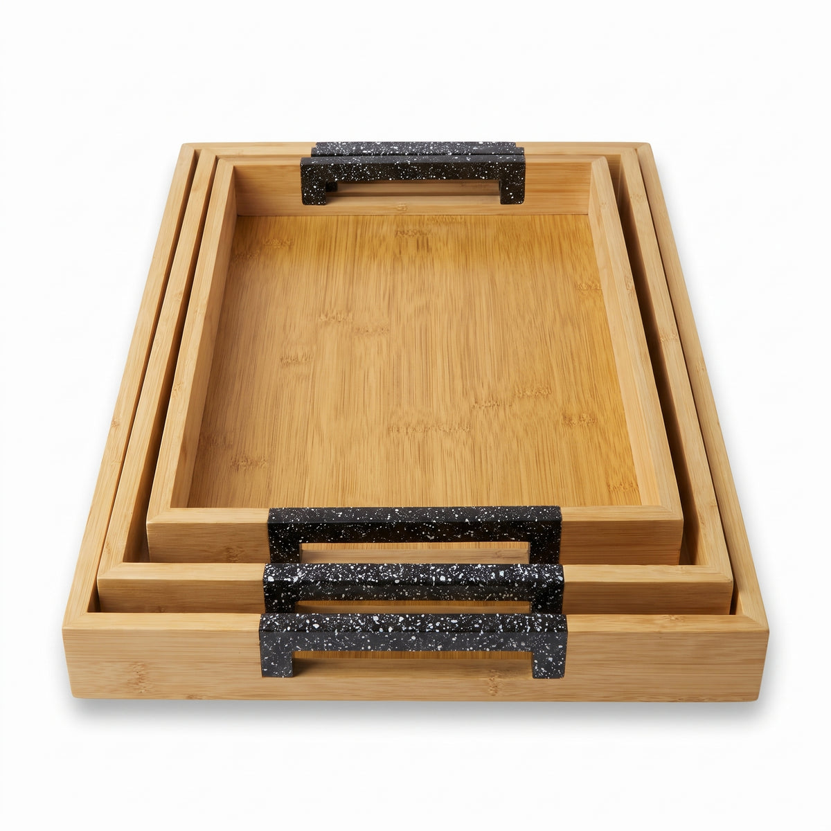 Set of 3 Nesting Bamboo Serving Trays with Speckled Handles