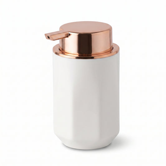 Faceted Liquid Dispenser with Metallic-Toned Pump