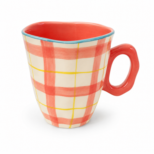 Wavy Rim Red Plaid Mug