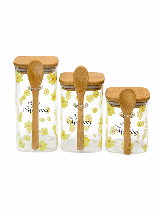 Floral Glass Storage Jar Set With Bamboo Lids & Spoons