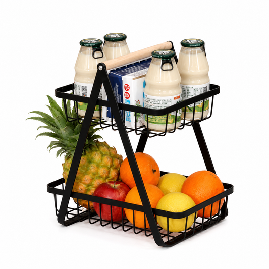 Tier Metal Fruit & Storage Basket with Wooden Handle