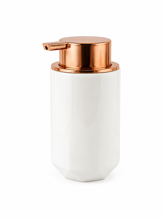 Modern White Soap Dispenser with Rose Gold Pump – Luxury Bathroom Accessory