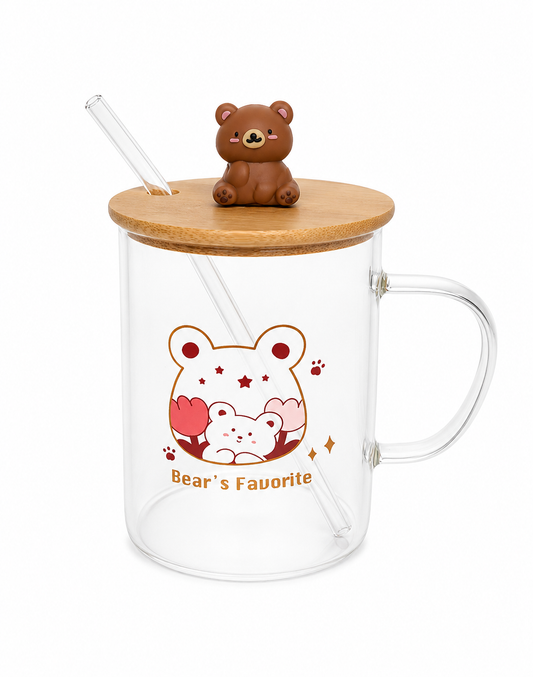 Cute Bear Glass Mug with Bamboo Lid & Glass Straw