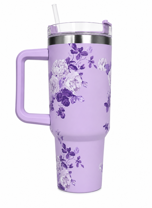 Lavender Floral Insulated Tumbler with Handle & Straw