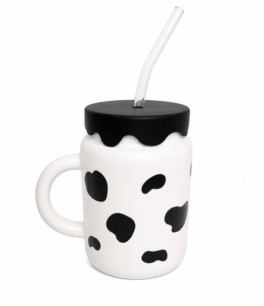Cow Print Ceramic Mug with Lid & Glass Straw