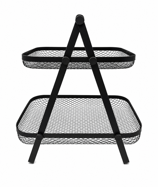 Modern 2-Tier Metal Storage Basket Stand – Black Mesh Organizer Rack