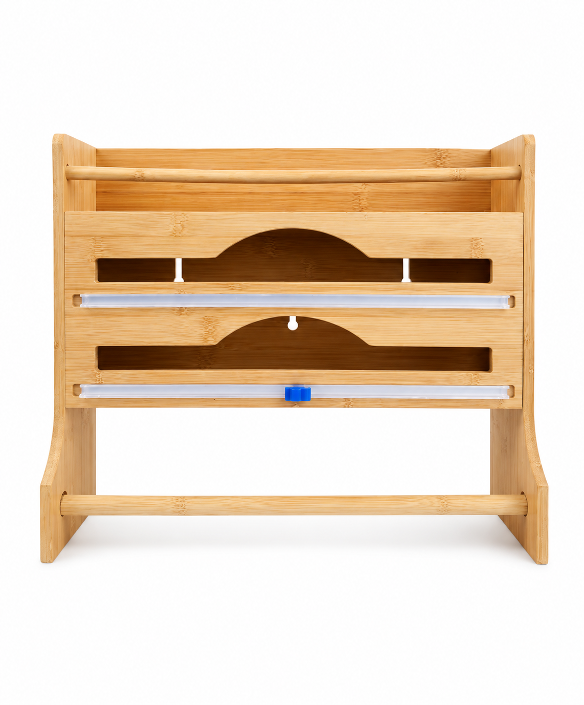 Bamboo Kitchen Organizer with Wrap Dispenser & Paper Towel Holder – Multi-Functional Storage Rack