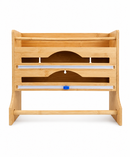Bamboo Kitchen Organizer with Wrap Dispenser & Paper Towel Holder – Multi-Functional Storage Rack