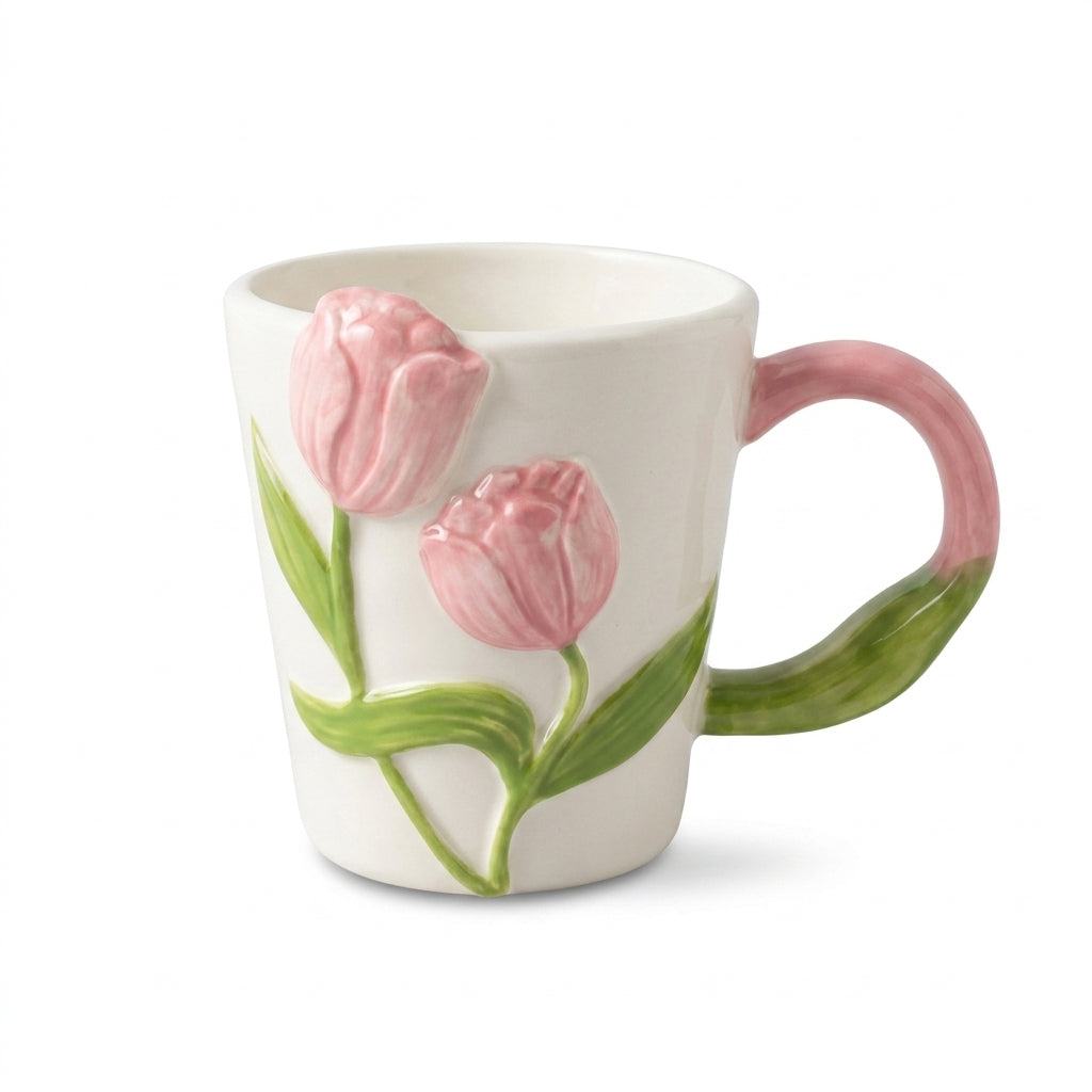 3D Tulip Flower Mug – Sculpted Floral Handle Design