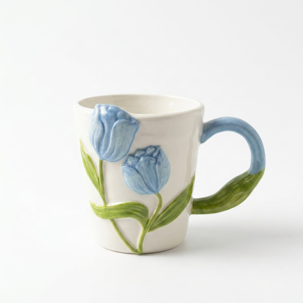 3D Tulip Flower Mug – Sculpted Floral Handle Design