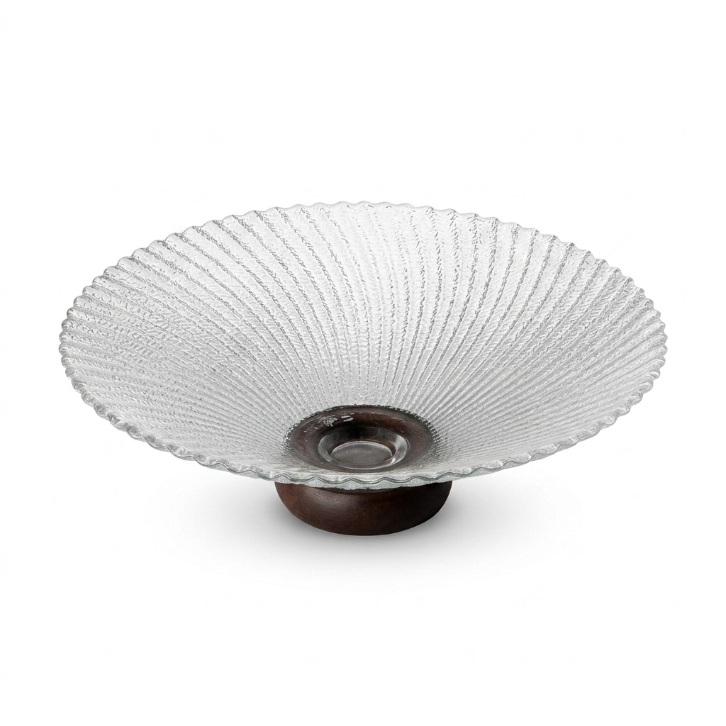Textured Glass Bowl with Wood Pedestal Base