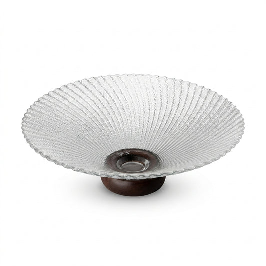 Textured Glass Bowl with Wood Pedestal Base