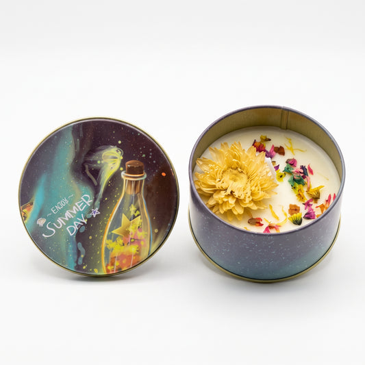 Decorative Printed Tin Candle with Floral Accents