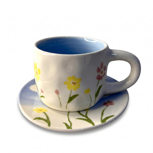 Floral Ceramic Cup and Saucer Set with Chunky Handle