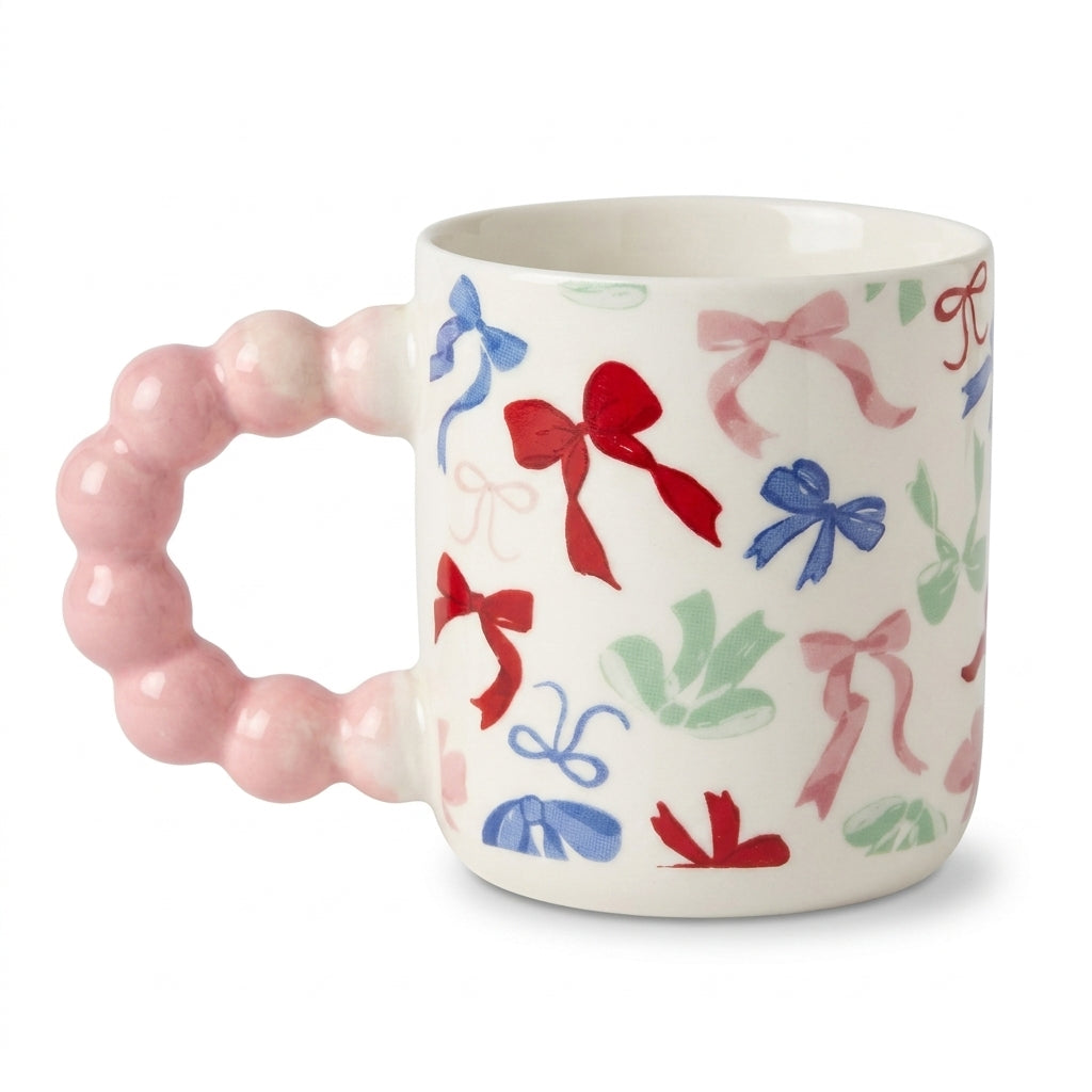 Bow Print Mug – Bubble Handle with Colorful Ribbon Pattern