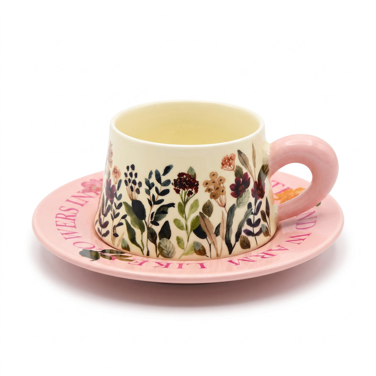 Botanical Garden Ceramic Cup & Text-Rimmed Saucer Set