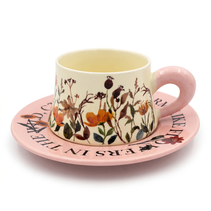 Botanical Garden Ceramic Cup & Text-Rimmed Saucer Set