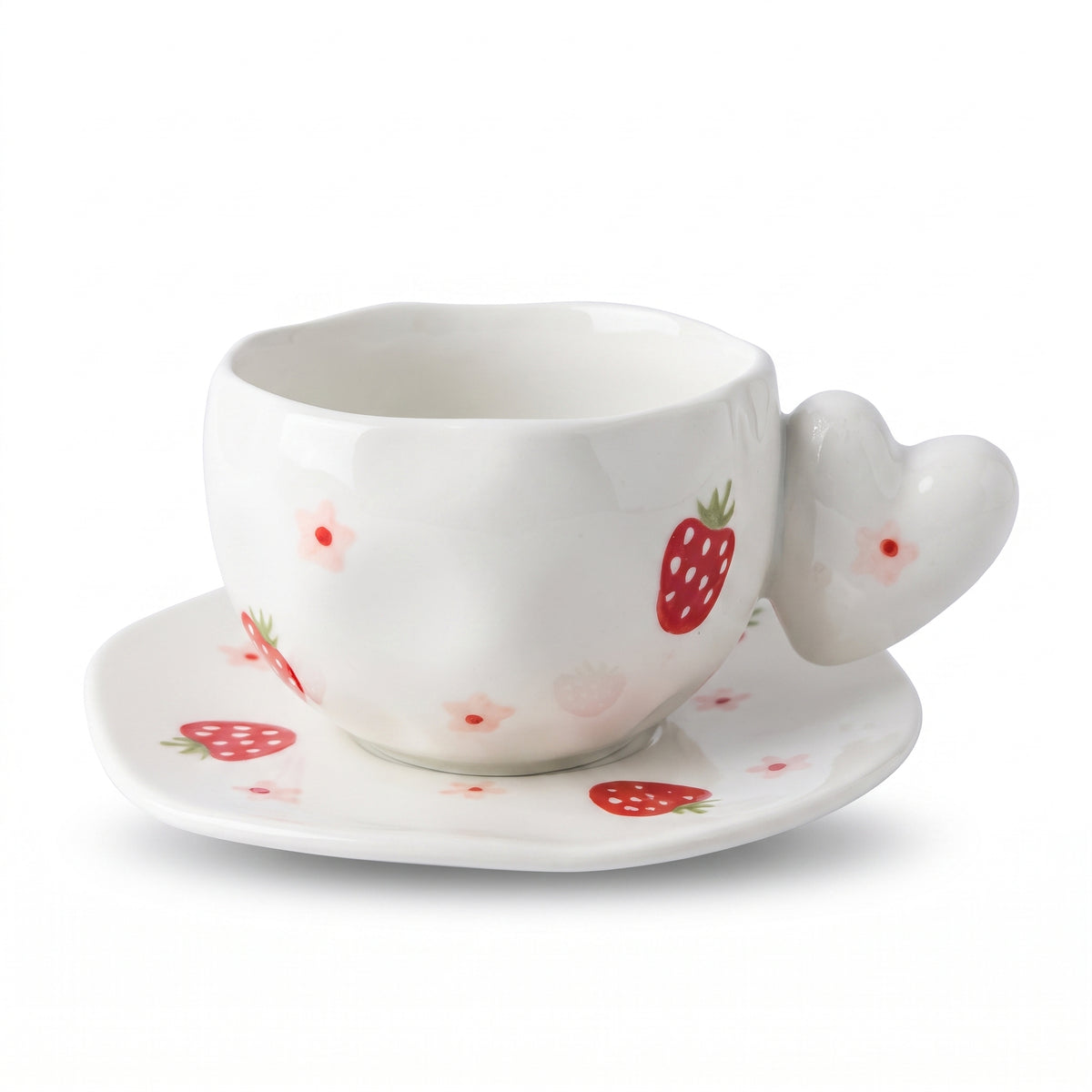 Strawberry Print Teacup and Saucer Set with Heart-Shaped Handle
