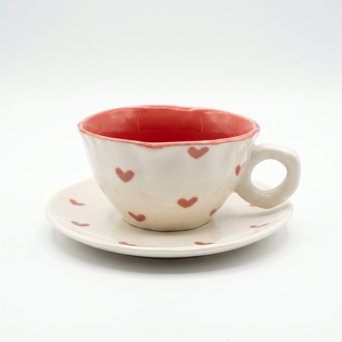Scalloped Teacup and Saucer Set with Colored Glazed Interior