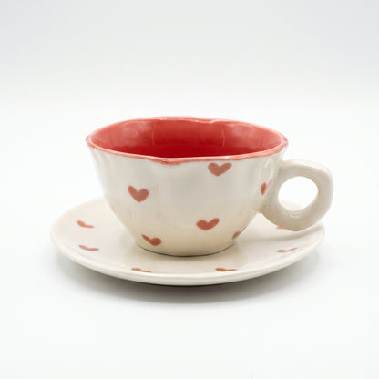 Scalloped Teacup and Saucer Set with Colored Glazed Interior