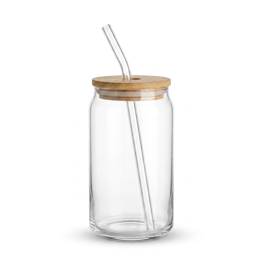 Glass Can Cup with Bamboo Lid and Bent Glass Straw